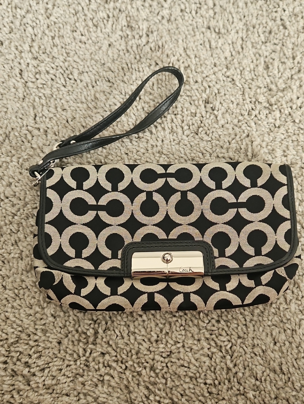 Coach Black and Cream Signature Wristlet Clutch with Turn-Lock